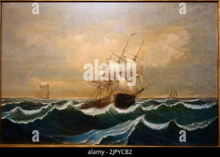 Tre maestri e lumber Schooners in Heavy Seas, di Fitz Henry Lane, all'inizio del 1850s, olio su tela Foto Stock