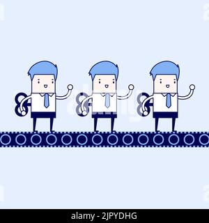 Conveyor produce simili operai meccanici. Vettore stile linea sottile carattere cartone animato. Illustrazione Vettoriale