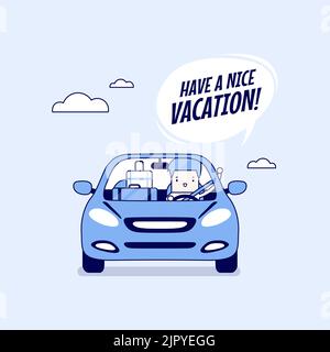 Gioioso uomo d'affari che viaggia in auto con valigie e dire che hanno una bella vacanza. Vettore stile linea sottile carattere cartone animato. Illustrazione Vettoriale
