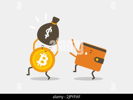 Bitcoin rubò denaro dal portafoglio. Concetto di cartoon criptovaluta. Illustrazione Vettoriale