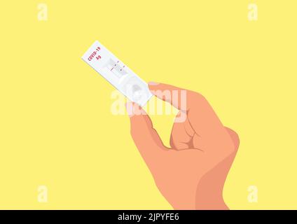 Tenere a mano i kit Rapid di test AG o ATK di Covid-19 su sfondo giallo. Illustrazione Vettoriale