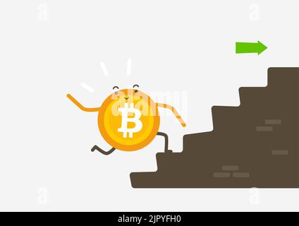 Bitcoin che corre sulle scale quando il valore è più alto. Concetto di cartoon criptovaluta. Illustrazione Vettoriale