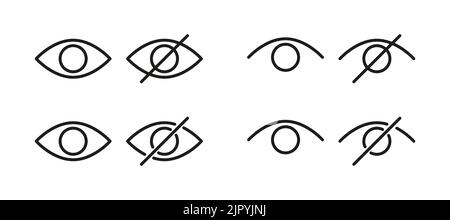 Icone di hidding password impostate. Icone per la privacy dei dati e il contrassegno del contenuto sensibile. Illustrazione vettoriale del contorno Illustrazione Vettoriale