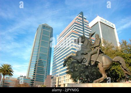 Centro di Jacksonville Florida, Florida, Generale Andrew Jackson, Presidente degli Stati Uniti, statua e lungomare Foto Stock