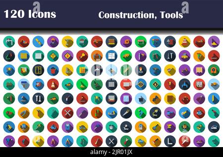 120 icone di costruzione, Strumenti. Design piatto con ombra lunga. Illustrazione vettoriale. Illustrazione Vettoriale