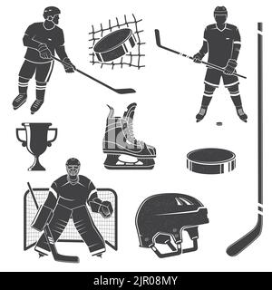 Set di hockey su ghiaccio e icona attrezzatura. Illustrazione vettoriale. Il set include: calciatore, casco, bastoni, portiere, puck e skates silhouettes Illustrazione Vettoriale