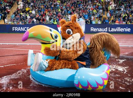 Monaco, Germania. 20th ago, 2022. Campionati europei, Campionato europeo, atletica, mascotte 'Gfreidi' in azione. Credit: Sven Hoppe/dpa/Alamy Live News Foto Stock