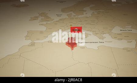 Mappa 3D Tunisia con modello banner libertà. Annunci banner Web per la promozione sui social media Foto Stock