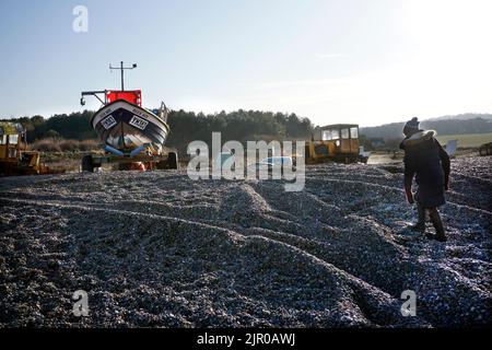 lone donna anziana che cammina sulla spiaggia di ghiaia a weybourne norfolk inghilterra nel tardo pomeriggio sole invernale Foto Stock