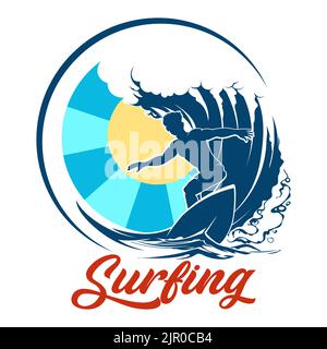 Surf Equitazione sul onda. Emblema colorato per il surf. Illustrazione vettoriale isolata su sfondo bianco Illustrazione Vettoriale