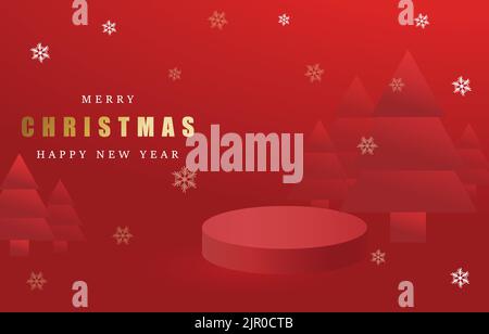 Buon banner natalizio con podio prodotto su sfondo rosso con carta tagliata albero di Natale e neve. Illustrazione vettoriale Illustrazione Vettoriale