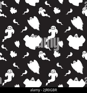 Decorazioni di Halloween concetto. Motivo senza cuciture con icone bianche. Elementi di design per poster festa di Halloween. Illustrazione del cartone animato piatto. Oggetti. Illustrazione Vettoriale