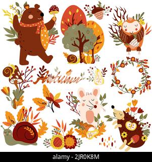 Autunno set, cute wodland animali ed elementi autunno, carino mouse, un gufo divertente, hedgehog, alberi colorati, foglie autunnali, funghi. Perfetto per il web, il festival del raccolto, il banner, il cartellino e il giorno del Ringraziamento. Illustrazione Vettoriale