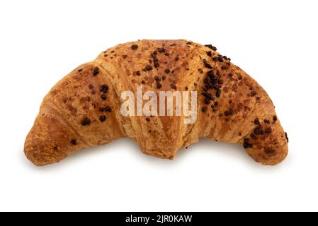 Croissant ripieno di crema di cioccolato ricoperta di praline di cioccolato, isolato su bianco con percorso di taglio Foto Stock