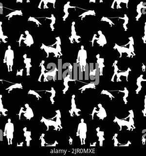 Modello senza cuciture di animali domestici e proprietari in possesso o a piedi un cane, concetti Barkitecture in bianco e nero Illustrazione Vettoriale