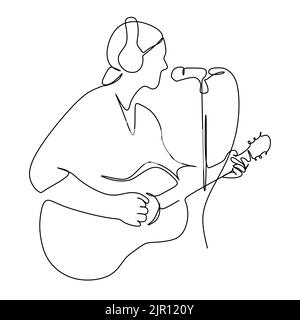 Disegno continuo di una singola linea di un cantante maschile cantando una canzone e suonando musica. Illustrazione vettoriale del concetto di performance dell'artista musicista Illustrazione Vettoriale