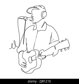 Disegno continuo di una singola linea di un cantante maschile cantando una canzone e suonando musica. Illustrazione vettoriale del concetto di performance dell'artista musicista Illustrazione Vettoriale