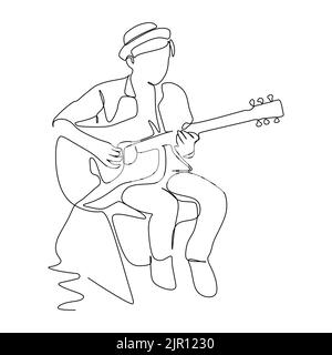 Un musicista maschile suona la chitarra acustica. Disegno continuo di linea semplice. Illustrazione vettoriale per il concetto musicale e di intrattenimento Illustrazione Vettoriale