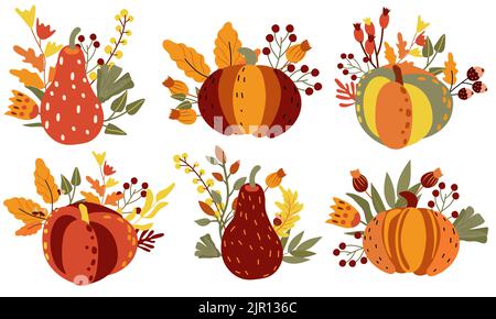 Composizione di zucca autunnale con foglie colorate, bacca rossa e ghiande. Perfetto per il web, banner, biglietti e il giorno del Ringraziamento. Illustrazione vettoriale. Illustrazione Vettoriale