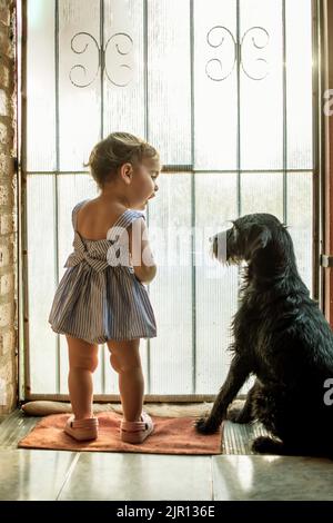 Cute bambino che indossa un vestito blu che parla con il suo cane piccolo. Bambino e cane cercando di fuggire da home.Toddler e cucciolo Dreammy ritratto di bambino e cane Foto Stock