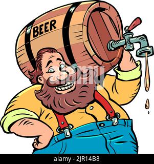 Un uomo con un barile di legno di birra. Bevanda alcolica. Tradizione bavarese tedesca Illustrazione Vettoriale