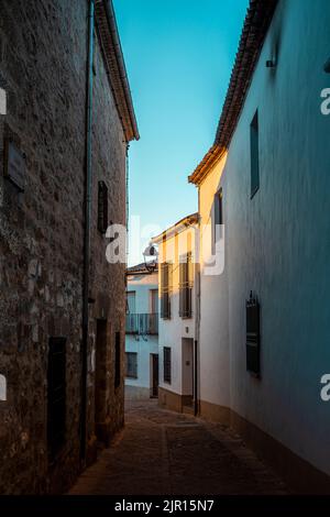 Strada medievale e tipica di Baeza, Jaen, Andalusia, Spagna con palazzi in pietra e case dipinte di bianco e pavimento in pietra Foto Stock