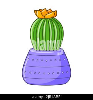 Cartoni animati vettoriali che fioriscono cactus in vaso. Pianta succulenta al coperto con fiore. Cactus per la casa e gli interni. Colorato botanico doodle illustrazione isolato Illustrazione Vettoriale