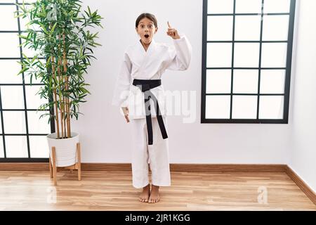 Giovane ragazza ispanica che indossa kimono karate e cintura nera che punta il dito verso l'alto con idea di successo. Uscita e felice. Numero uno. Foto Stock