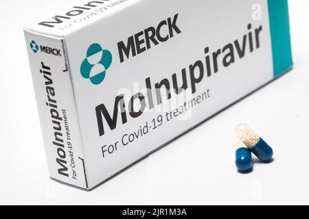 Bucarest, Romania - 2 febbraio 2022: Immagine illustrativa del concetto editoriale della pillola antivirale orale Molnupiravir sviluppato da Merck. Virus corona Foto Stock