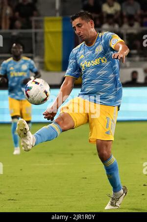 WASHINGTON, DC, USA - 20 AGOSTO 2022: Alejandro Bedoya (11), centrocampista dell'Unione di Philadelphia, controlla la palla durante una partita MLS tra D.C United e l'Unione di Philadelphia il 20 agosto 2022, presso l'Audi Field, a Washington, DC. (Foto di Tony Quinn-Alamy Live News) Foto Stock