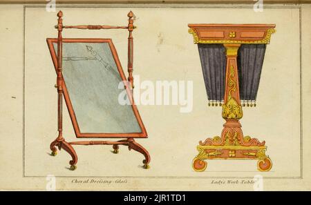 Vetro Cheval Dressing [Specchio] (sinistra) tavolo da lavoro della signora (destra) da completo fabbricante di armadietto, e Guida di Upholsterer: Comprendente, i rudimenti e i principi di Cabinet-making e di Upholstery, con istruzioni familiari, illustrate dagli esempi, per ottenere Una competenza nell'arte di disegno: I processi di veneering, intarsiatura, e Buhl-work : L'arte della tintura e colorazione legno, Avorio, osso, Tortoiseshell ecc. Indicazioni per lackering [laccatura] , Japanning, e laccatura, per rendere francese polacco; per preparare le migliori colle, cementi, e composizioni e Un certo numero di ricevute, in particolare Foto Stock