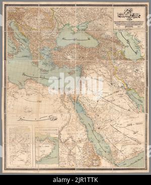 Omoumi Mamalik Mahrousi Shahani. (Mappa generale dei paesi protetti. Impero Ottomano). Istanbul. Matba-i Amire. 1312 (1896). By Paşa, Ali ŞEREF carta litografica a colori 150x124, dissezionata in 24 sezioni 20x32 e montata su tela. La mappa è in scrittura ottomana, copre l'Impero Ottomano, i Balcani e la Penisola Araba. È stato progettato dall'Ufficio cartografico governativo di Istanbul, sotto la direzione di Ali Sheref Pasha, che era anche noto come Hafız Ali Eşref, il primo cartografo turco moderno. Mappa che mostra città, città, strade, ferrovie e fiumi. Rilievo mostrato da hachures. Foto Stock