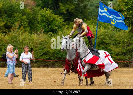 Chalfont, Regno Unito. 21 agosto 2022. Un re-attore come cavaliere corazzato porta in vita le scene dal tempo di Enrico VIII durante un torneo medievale di giostra al Chiltern Open Air Museum. Il museo racconta la storia della zona dei Chilterns attraverso la conservazione di edifici storici, paesaggi e cultura. Credit: Stephen Chung / Alamy Live News Foto Stock