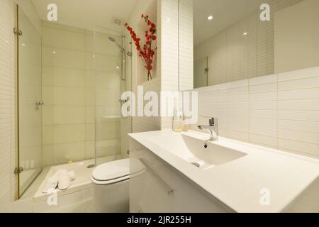 Bagno con lavabo in porcellana bianca sopra il cassettiera, specchio senza cornice sulla parete e box doccia in vetro Foto Stock