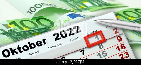 Calendario tedesco 2022 ottobre 1 Sabato e banconote in euro Foto Stock