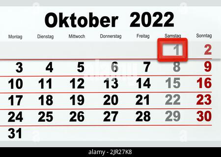 Calendario tedesco 2022 ottobre 1 Sabato Foto Stock