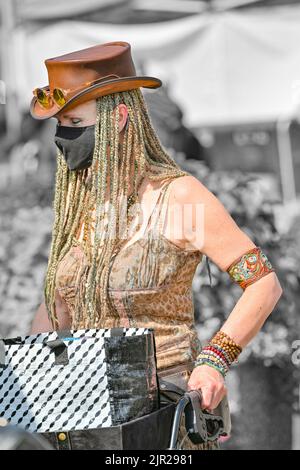 Donna con intrecciato, temuto, capelli, Arts Alive Festival, Downtown Langley, British Columbia, Canada Foto Stock