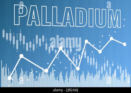 Grafico del mercato azionario dei prezzi al palladio su sfondo finanziario blu con candelabro, grafico, numeri. Rendering 3D Illustrazione Vettoriale