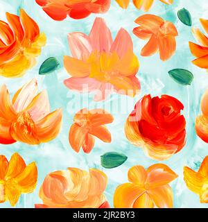 Disegno senza cuciture di fiori astratti rossi e arancioni, pittura d'arte, sfondo creativo dipinto a mano, texture a pennello, pittura acrilica su tela. Moderno Foto Stock