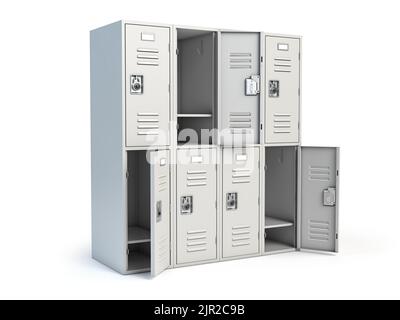 Armadietto in metallo con porte aperte isolate su bianco. 3d illustrazione Foto Stock