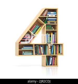 Numero 4 quattro in forma di scaffale con libri e libri di testo. Carattere e alfabeto concettuale educativo e di apprendimento. illustrazione 3d Foto Stock