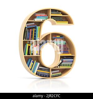 Numero 6 sei in forma di scaffale con libri e libri di testo. Carattere e alfabeto concettuale educativo e di apprendimento. illustrazione 3d Foto Stock