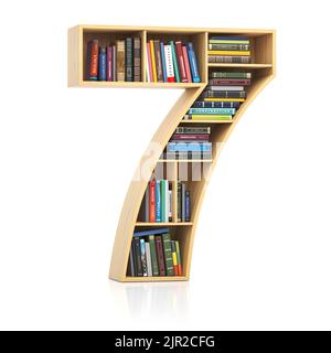 Numero 7 sette in forma di scaffale con libri e libri di testo. Carattere e alfabeto concettuale educativo e di apprendimento. illustrazione 3d Foto Stock