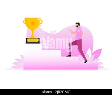 Successo premiare persone in stile piatto su sfondo oro. Champion Trophy, coppa d'oro. Illustrazione piatta. Illustrazione Vettoriale