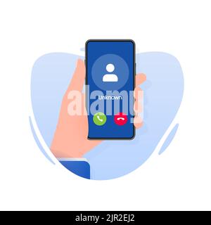 La mano consente di tenere il telefono con la chiamata chiamata in arrivo video sullo schermo su sfondo bianco. Illustrazione vettoriale. Illustrazione Vettoriale