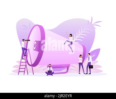 Social media. Appartamento con persone megafone per il web design. Illustrazione Vettoriale