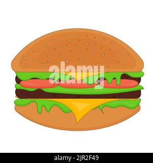 Hamburger, hamburger. Fast food. Hamburger con formaggio, pomodori e insalata. Illustrazione vettoriale Foto Stock