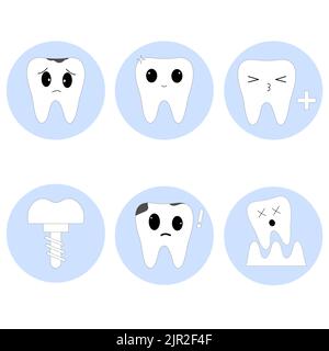 Serie di icone dei denti. Icone di denti triste e felice. Icona impianto dente Foto Stock