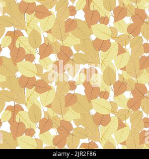Motivo senza cuciture luminoso colorato fogliame autunnale isolato su sfondo bianco. Disegno grafico simbolo autunnale. Foglie d'autunno asciutte di colore giallo arancio. Autunno fo Illustrazione Vettoriale