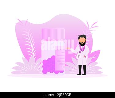 Il carattere di un medico con pillole. Concetto medico. Illustrazione del vettore piatto Illustrazione Vettoriale